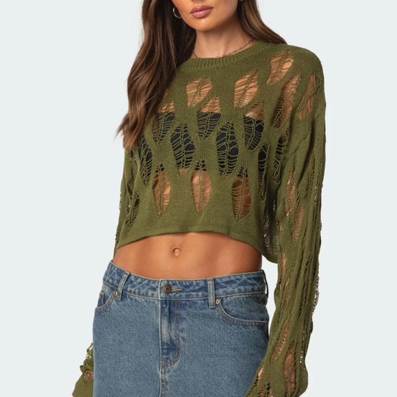 Edikted Olive Green Knit Cropped Top - Picture 2 of 3